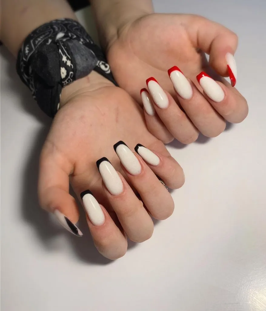 Fall Almond Nails 2026 White Coffin Nails With Red and Black Colored French Tips