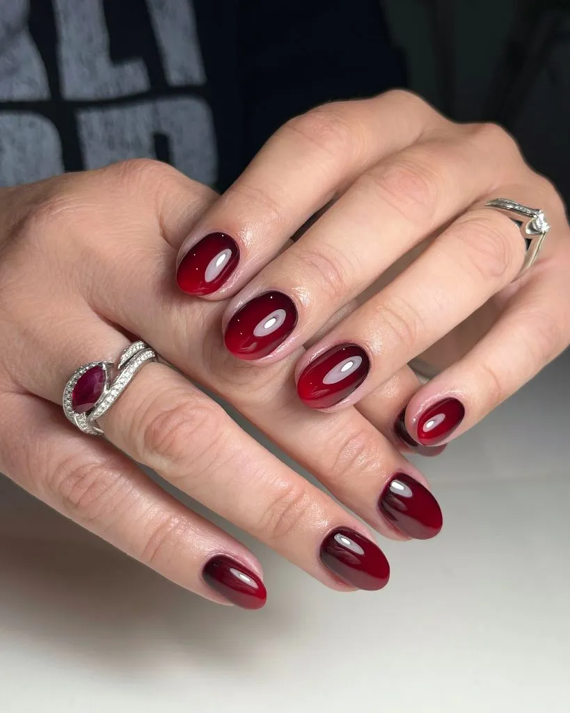 Fall Burgundy Nails With Design Deep Red-to-Black Ombré: Glossy Fall Burgundy Nails With Design That Commands Attention