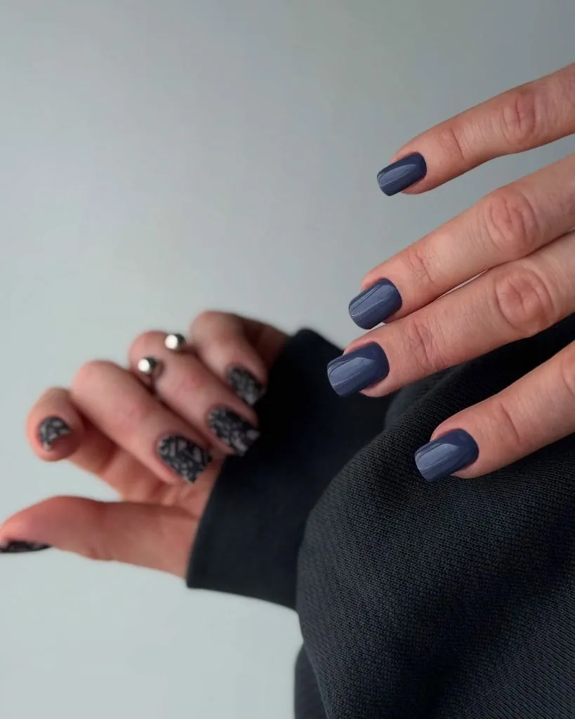 Dark Fall Nails 2026 Slate Blue Nails With Textured Accent — Dark Fall Nails Contrast