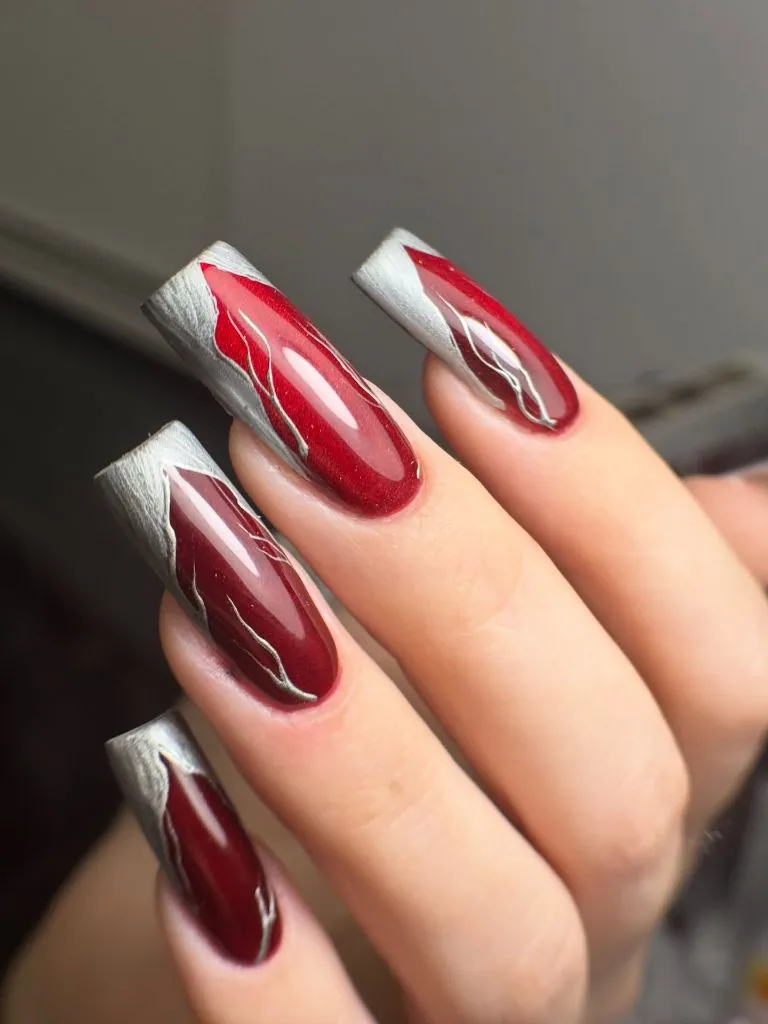 Dark Fall Nails 2026 Red and Silver Flame Coffin Nails — Dark Fall Nails 2026 Edge
