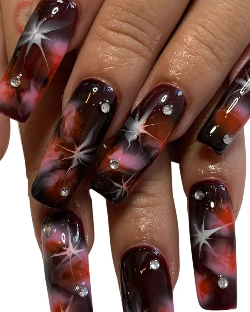 Fall Burgundy Nails With Design Dark Galaxy Burgundy Nails With Rhinestones: Dramatic Fall Burgundy Nails With Design Impact
