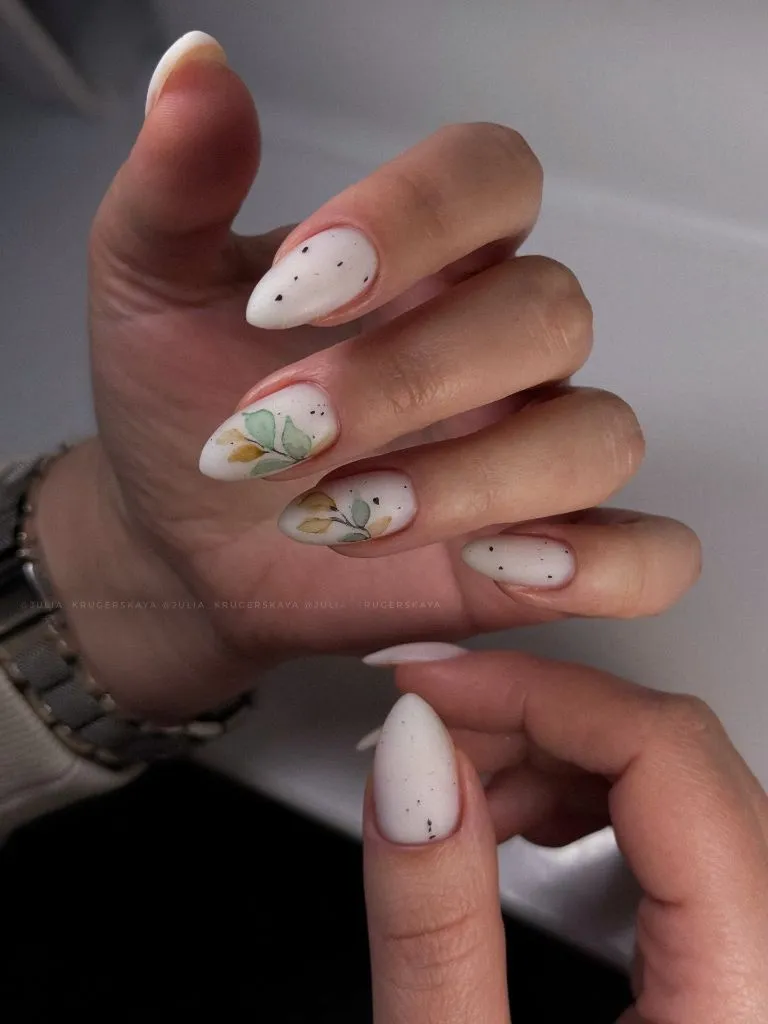 Fall Almond Nails 2026 Matte White Almond Nails With Watercolor Botanical Accents