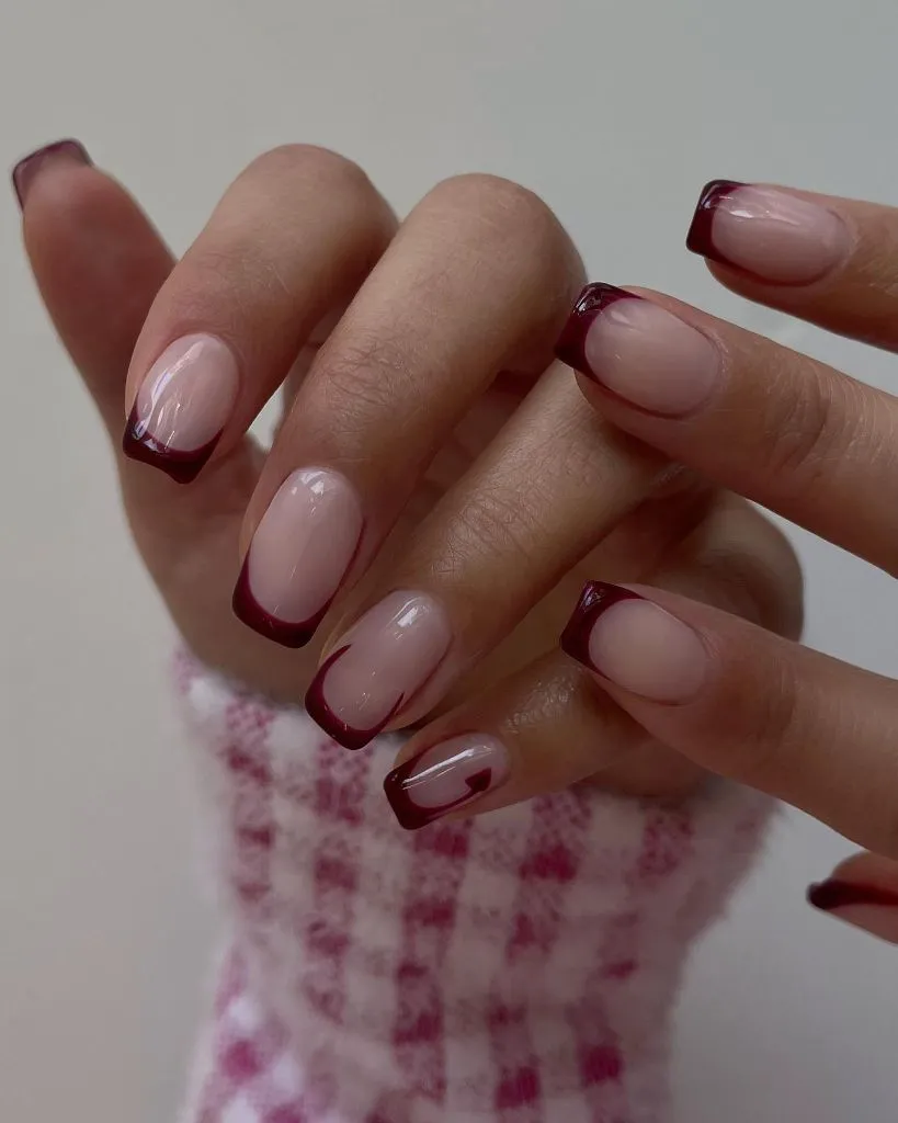 Fall Burgundy Nails With Design Burgundy French Tips on Short Square Nails: Minimal Fall Burgundy Nails With Design Charm
