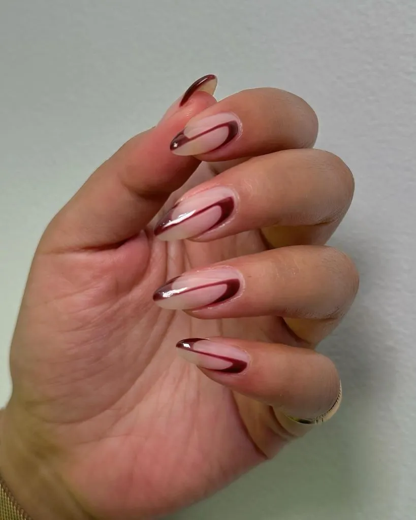 Fall Burgundy Nails With Design Burgundy Swirl Line Art on Nude Base: Delicate Fall Burgundy Nails With Design Finesse