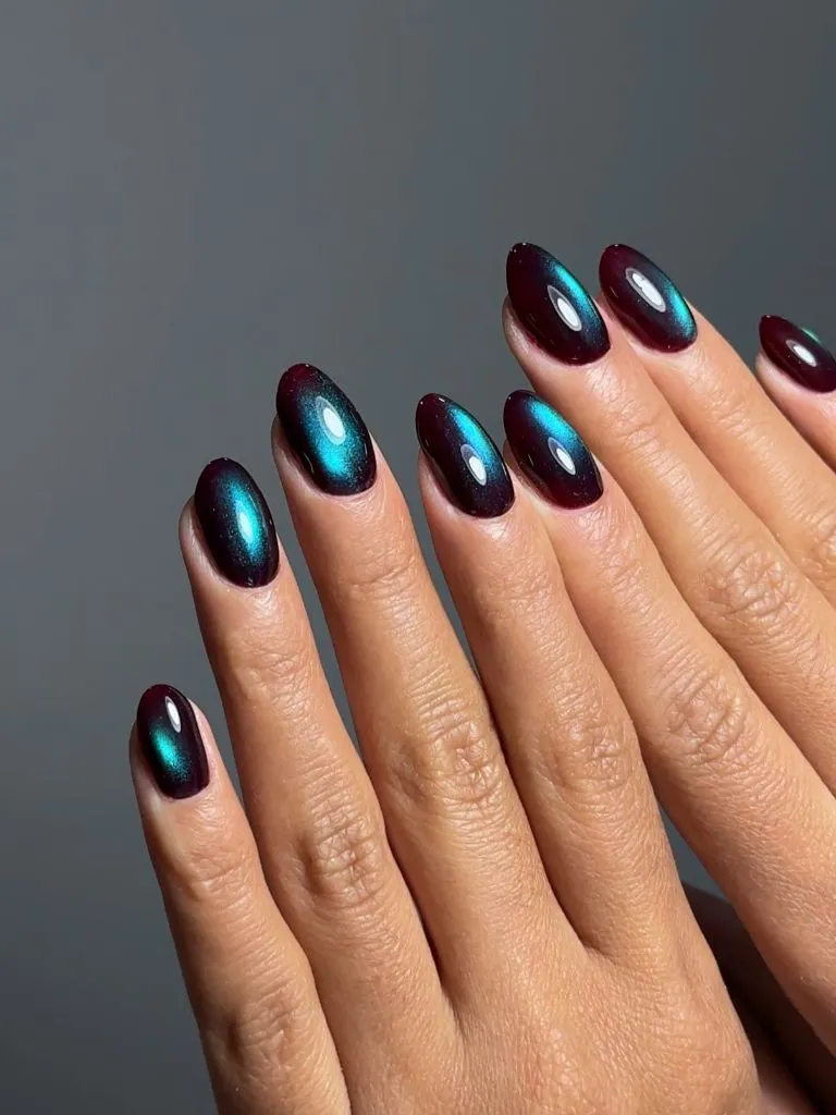 Dark Fall Nails 2026 Duochrome Teal and Burgundy Almond Nails for Dark Fall 2026