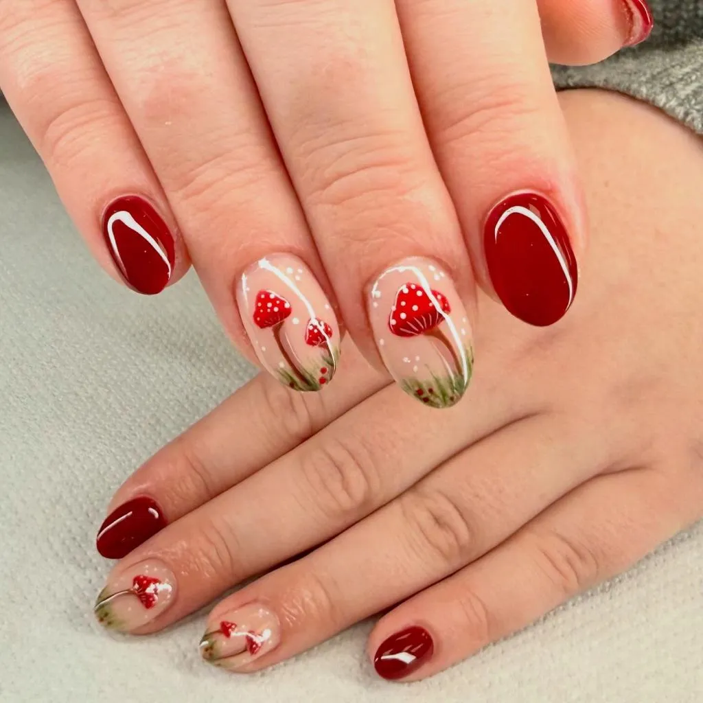 Simple Fall Short Nails Red Toadstool Mushroom Art on Simple Fall Short Nails