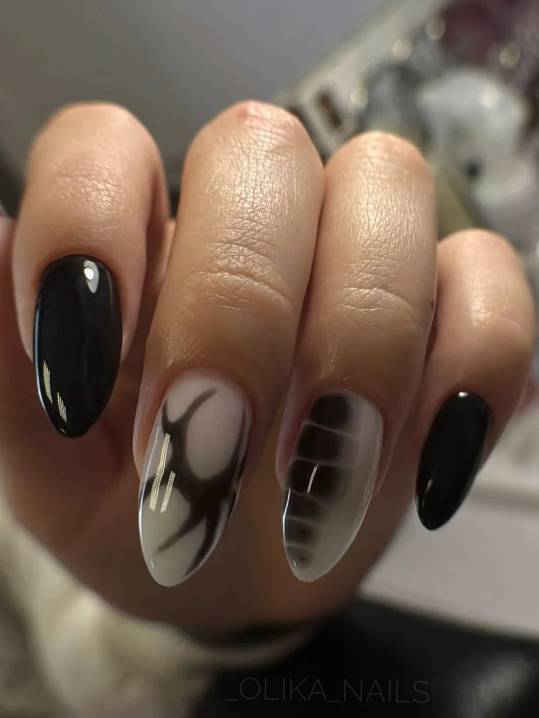 Dark Fall Nails 2026 Agate Stone Almond Nails With Black for Dark Fall 2026