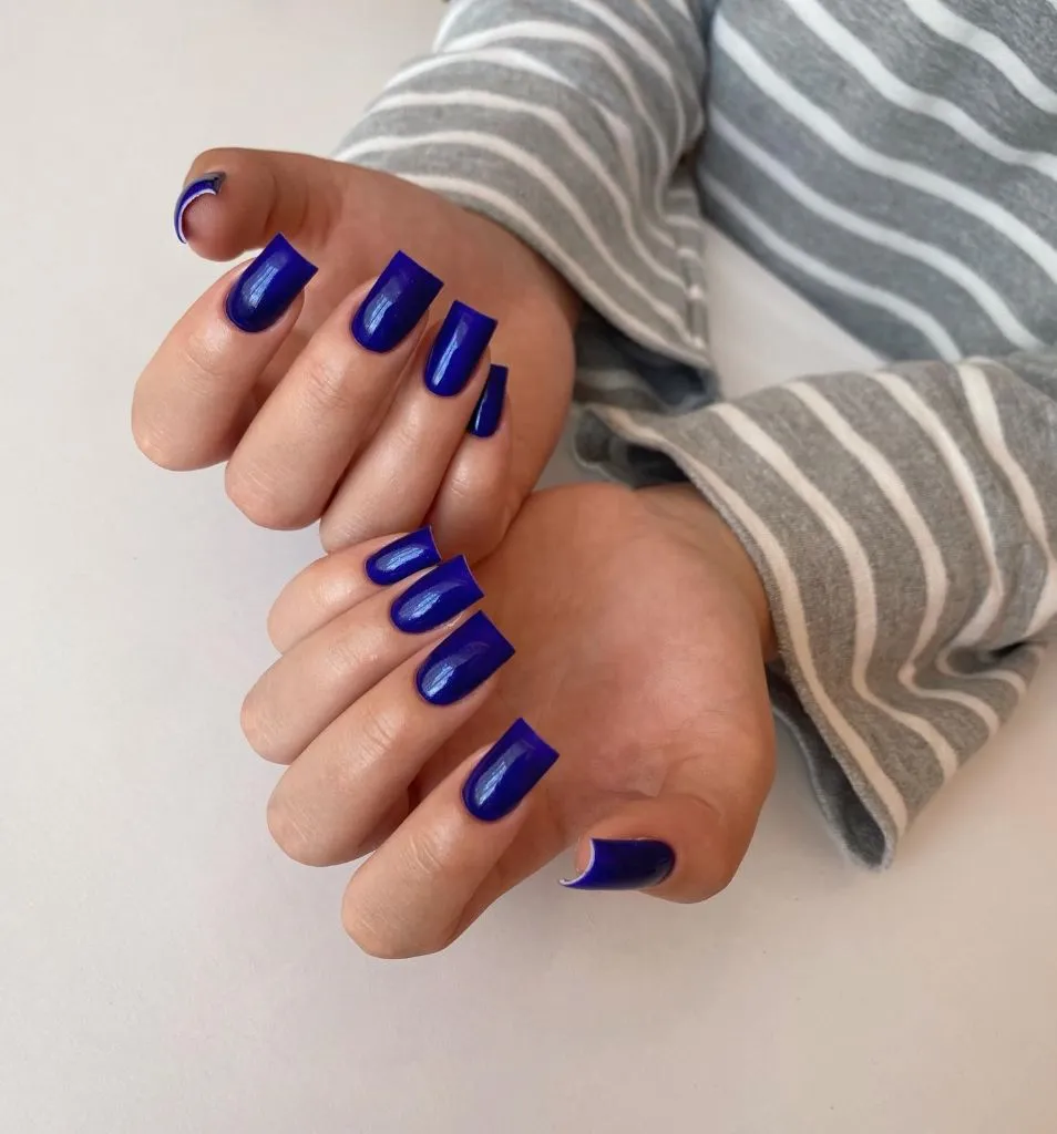 Fall Almond Nails 2026 Royal Blue Glossy Square Nails With Full Coverage Color