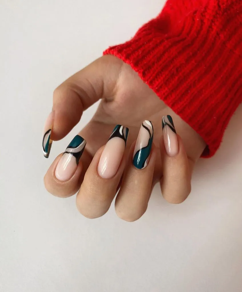 Fall Almond Nails 2026 Teal and Nude Abstract French Tip Coffin Nails With Swirl Detail