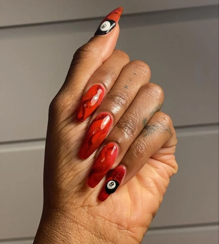 Fall Burgundy Nails With Design Red Marble Nails With 8-Ball Accents: Statement Fall Burgundy Nails With Design Edge