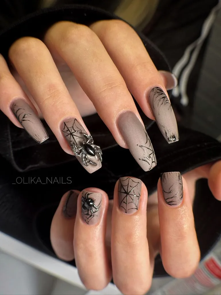 Dark Fall Nails 2026 Matte Taupe Spider Design Nails for Dark Fall Nail Art Lovers