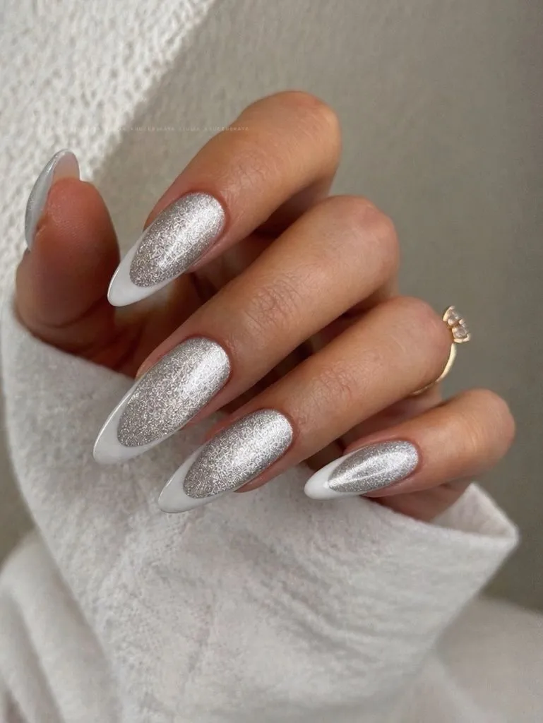 Fall Almond Nails 2026 Silver Textured Almond Nails With Icy Chrome Finish