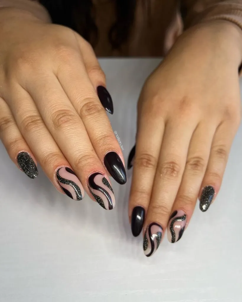Dark Fall Nails 2026 Black Swirl Art With Glitter Accent — Dark Fall Nail Design
