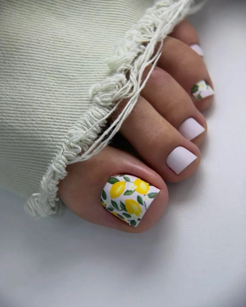 Fall Pedicure Ideas 2026 Lemon Print Accent Pedicure With Matte Lavender Base on Short Square Nails