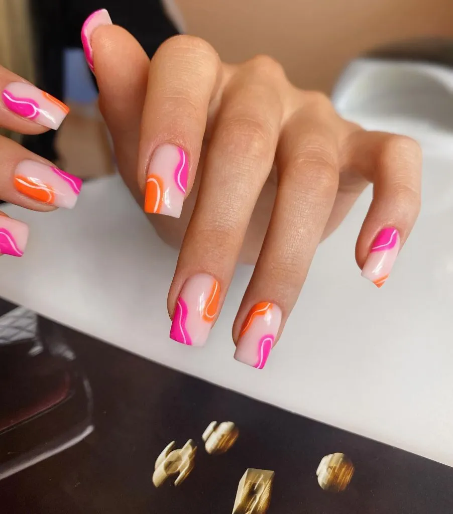 Fall Almond Nails 2026 Pink and Orange Abstract Swirl Square Nails With Neon Accents