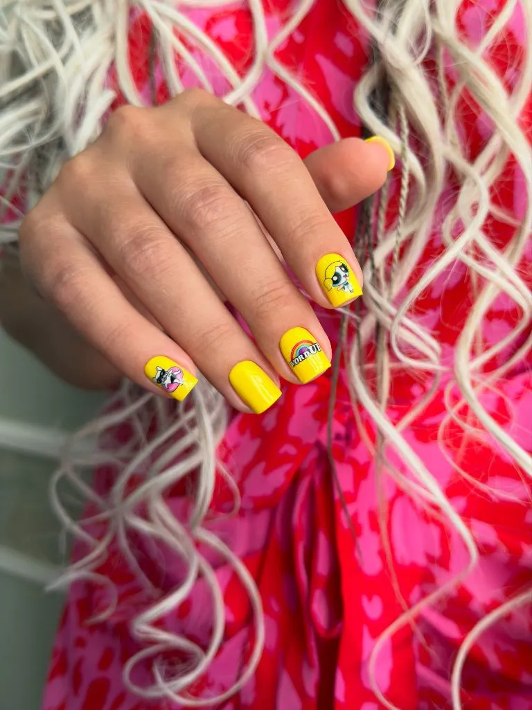 Simple Fall Short Nails Powerpuff Yellow Cartoon Simple Fall Short Nails
