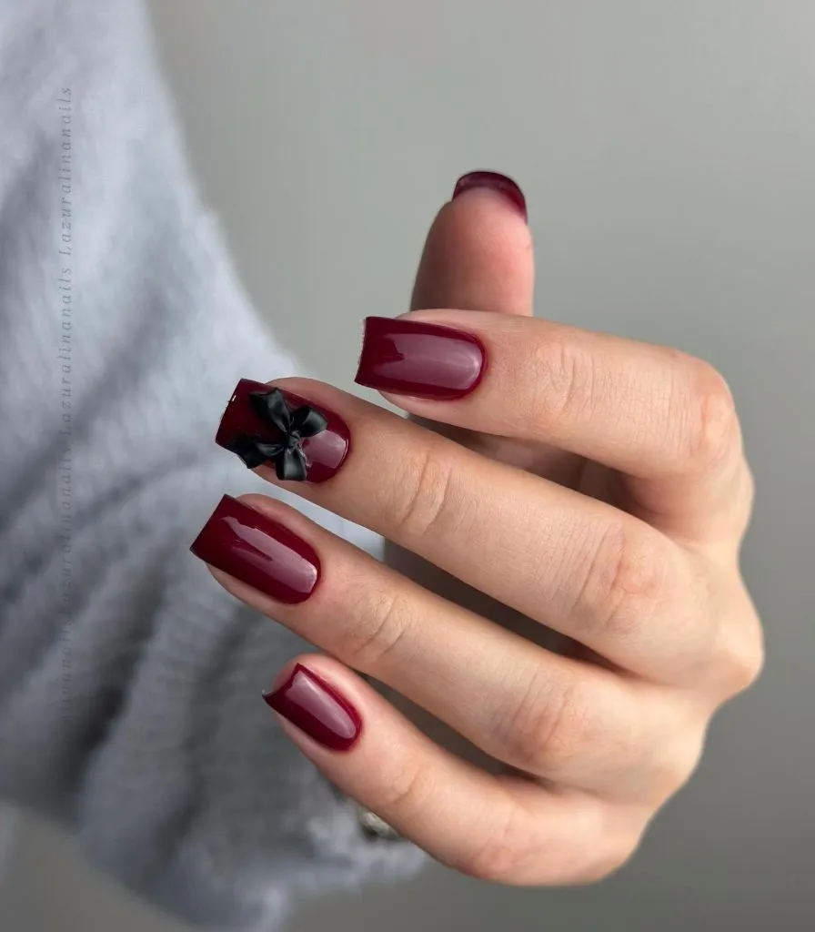 Fall Burgundy Nails With Design Dark Red Square Nails With Black Bow Accent: Cute Fall Burgundy Nails With Design Detail