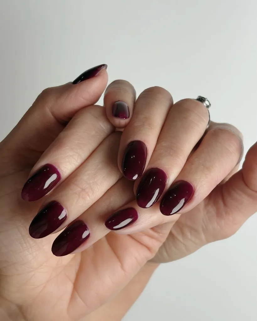 Fall Burgundy Nails With Design Plum-Burgundy Oval Nails With Ombré Tips: Elegant Autumn Burgundy Nail Designs