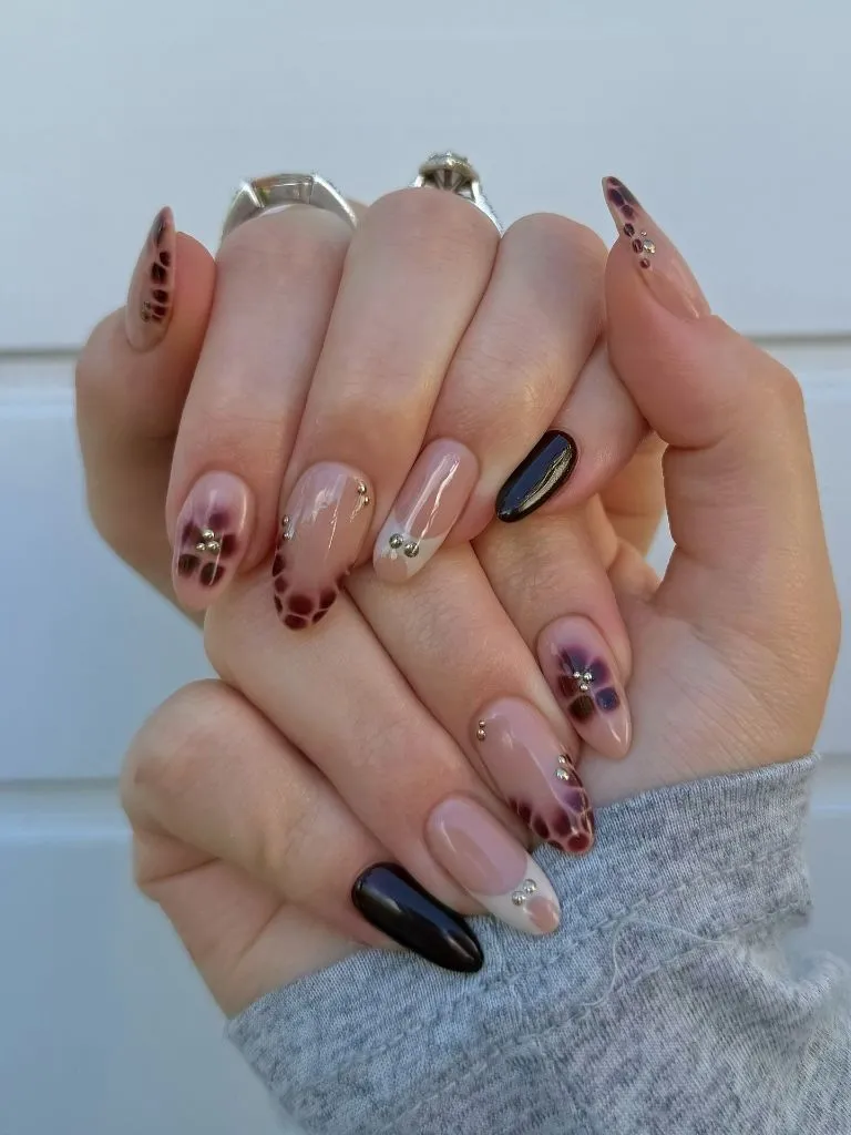 Fall Burgundy Nails With Design Dark Floral and Leopard Print: Eclectic Burgundy Nail Art for Autumn