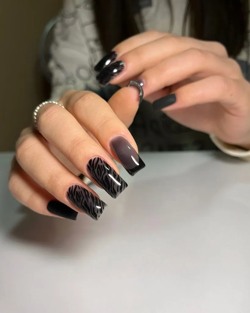 Fall Medium Nail Ideas 2026 Dark Grey and Black Zebra Print Coffin Nails With Ombré Base