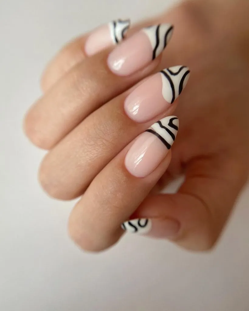 Fall Almond Nails 2026 Nude Pink French Tip Almond Nails With Black and White Wavy Line Art
