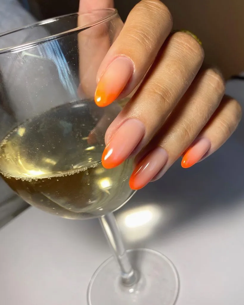 Fall Medium Nail Ideas 2026 Orange Ombré Almond Nails With Nude-to-Tangerine Gradient