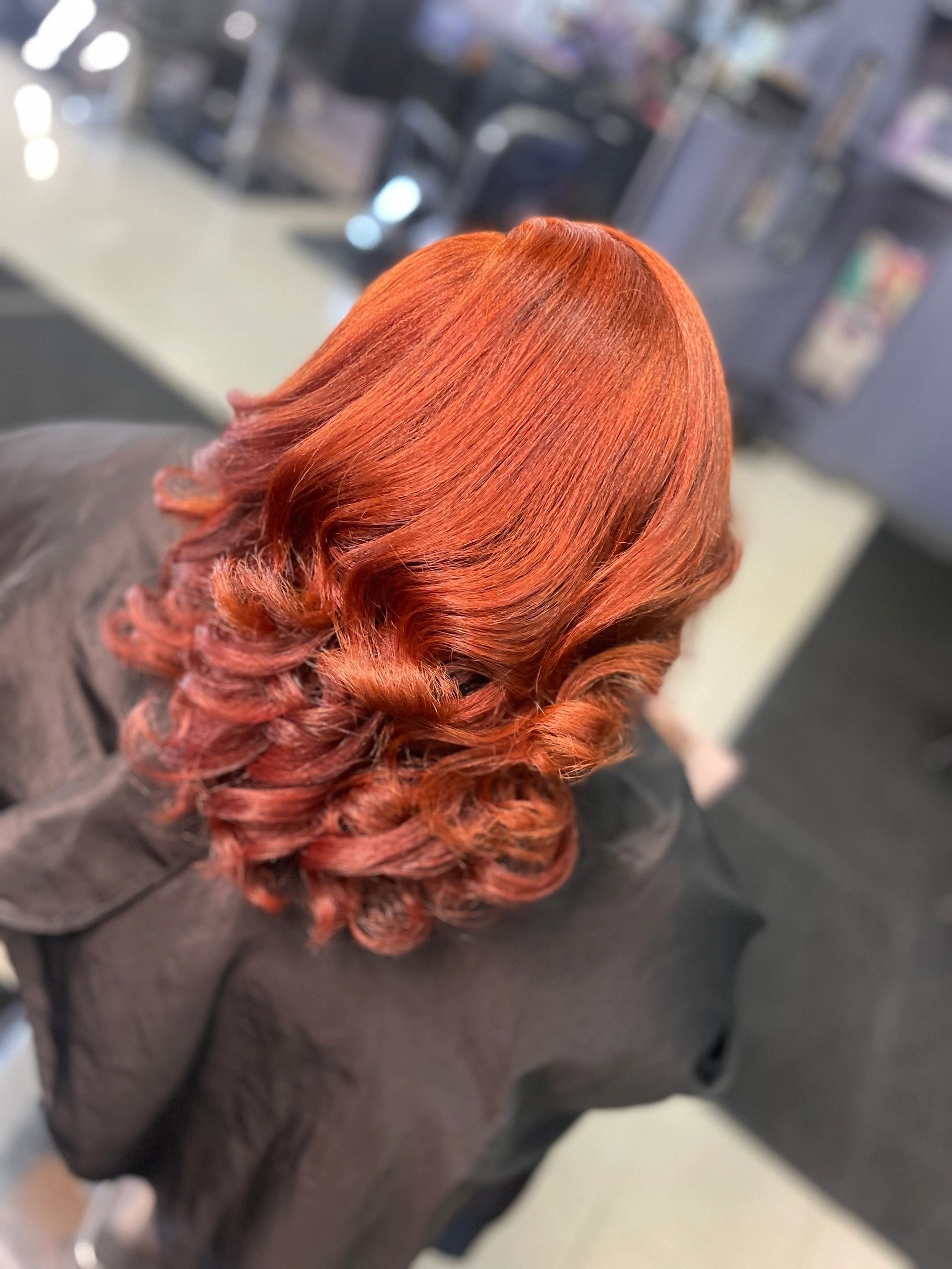 Cherry red silk press blowout, vibrant and glossy