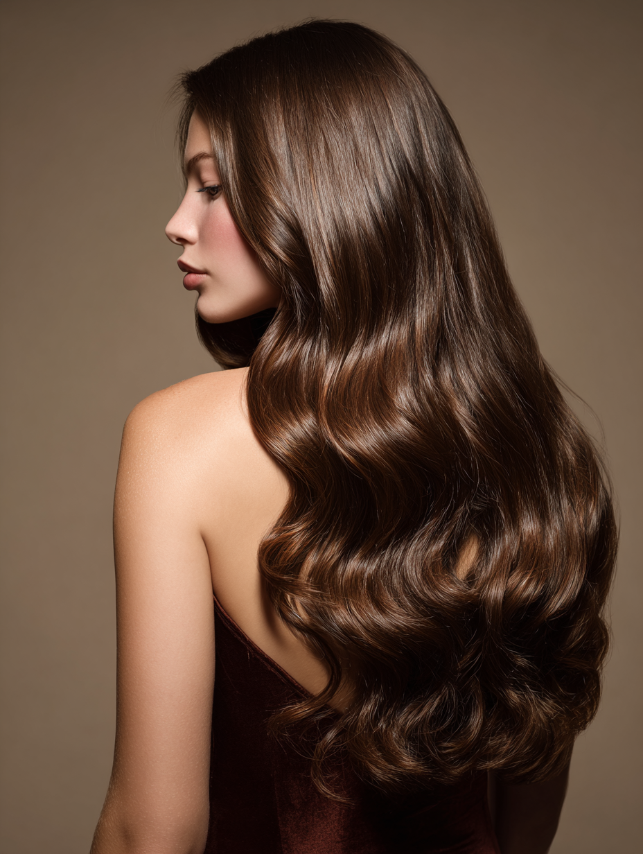 Brushed-back wet look on long chestnut layered hair