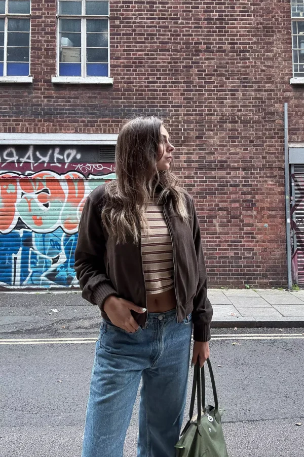 Dark Brown Suede Bomber with a Striped Top and Jeans jacket outfit