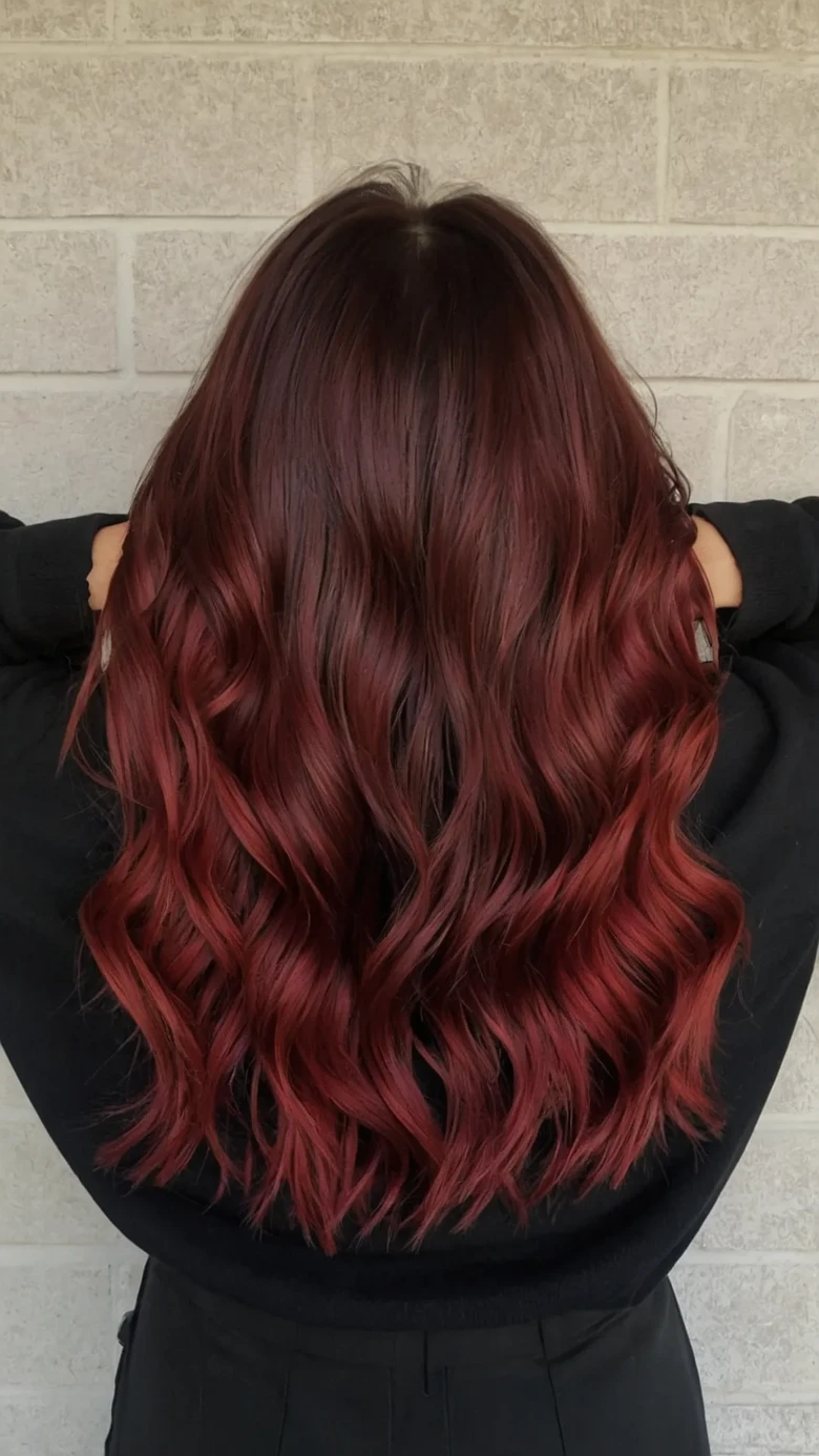 Cherry cola red-brown hair color with rich wine shine