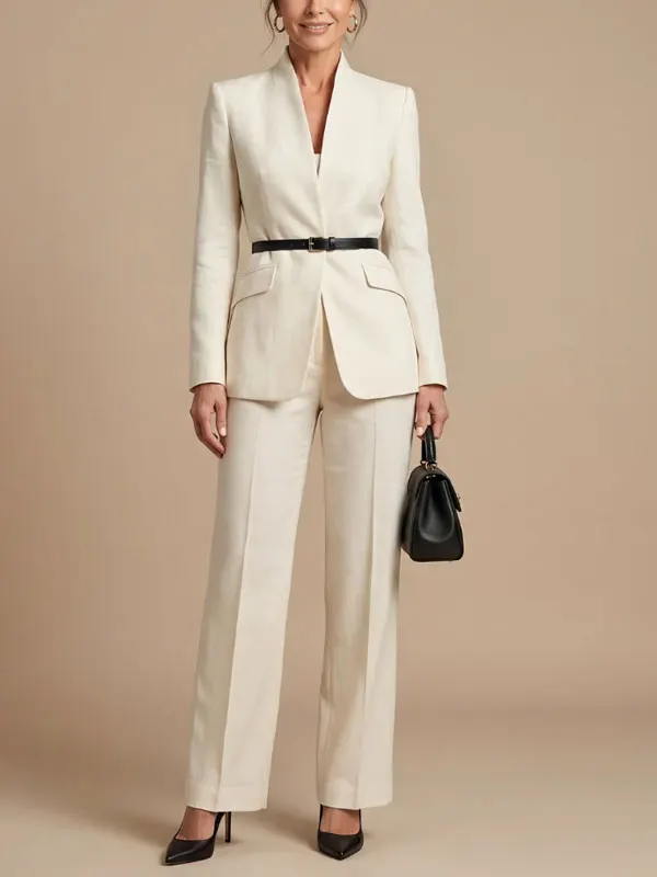 Woman wearing a cream suit with a stand-up collar blazer, black belt and straight trousers