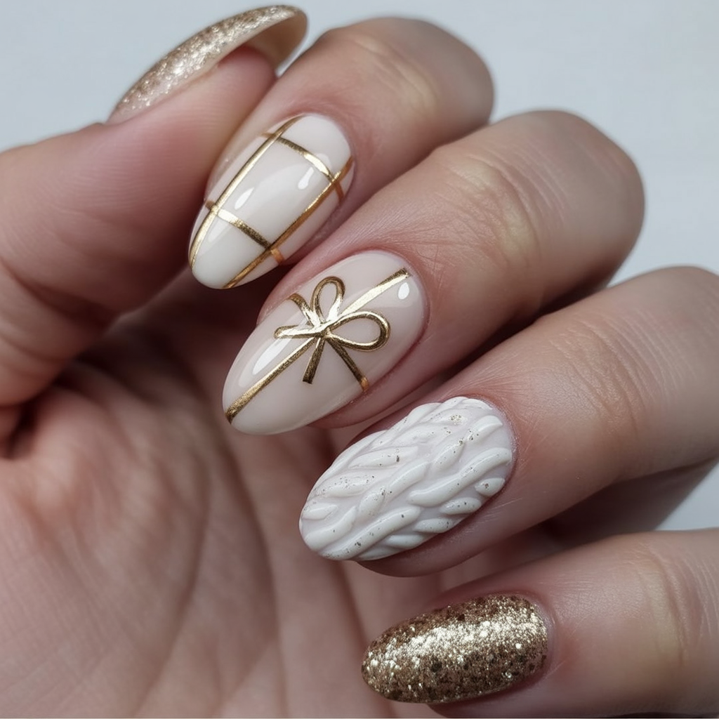 Cream Gift-Wrap Nails with Gold Bows classy Christmas nail manicure
