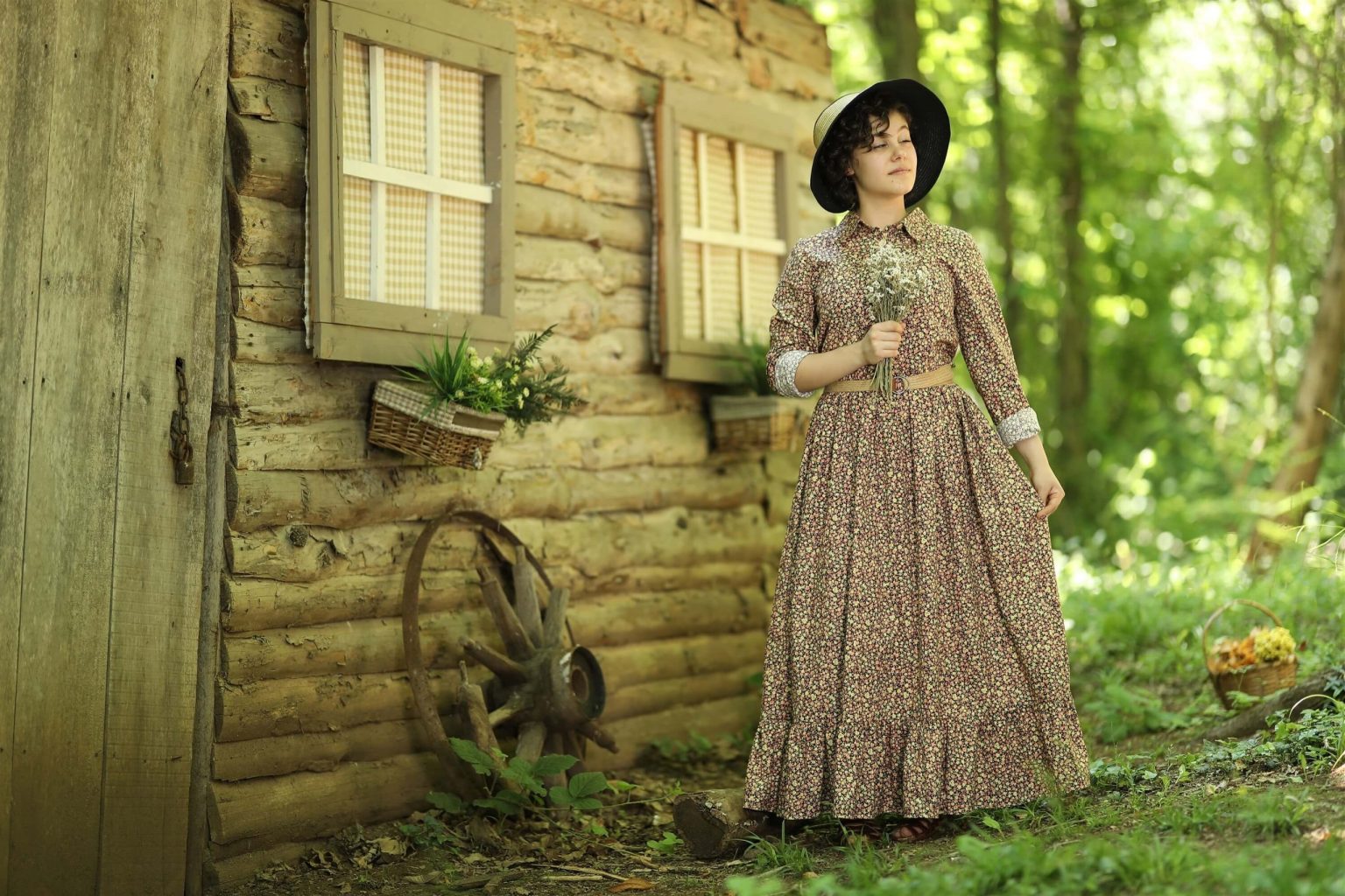 Vintage Floral Dress in Warm Brown Tones photoshoot outfit