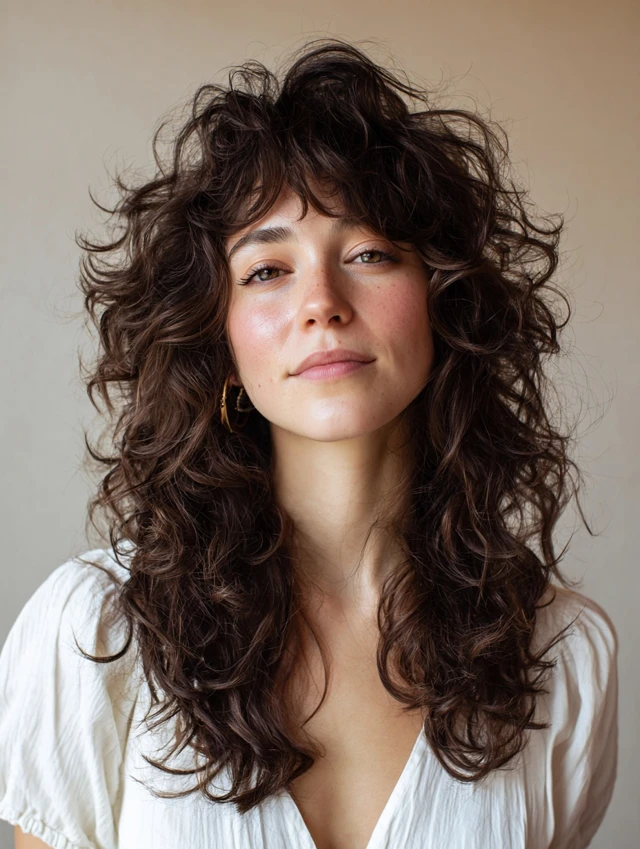 Deep side part curly hair with layered face-framing pieces