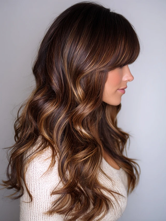 Chunky caramel face-framing highlights on dark brunette hair