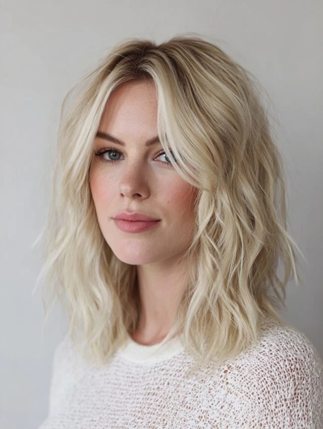Collarbone Wavy Layers With Curtain Bangs in Blonde hairstyle for round face