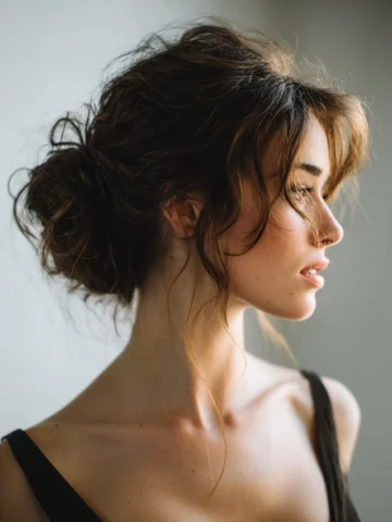 Messy low bun gathered loosely at the nape