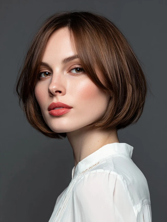 Chin-Length Blunt Bob With Soft Curtain Pieces hairstyle for round face