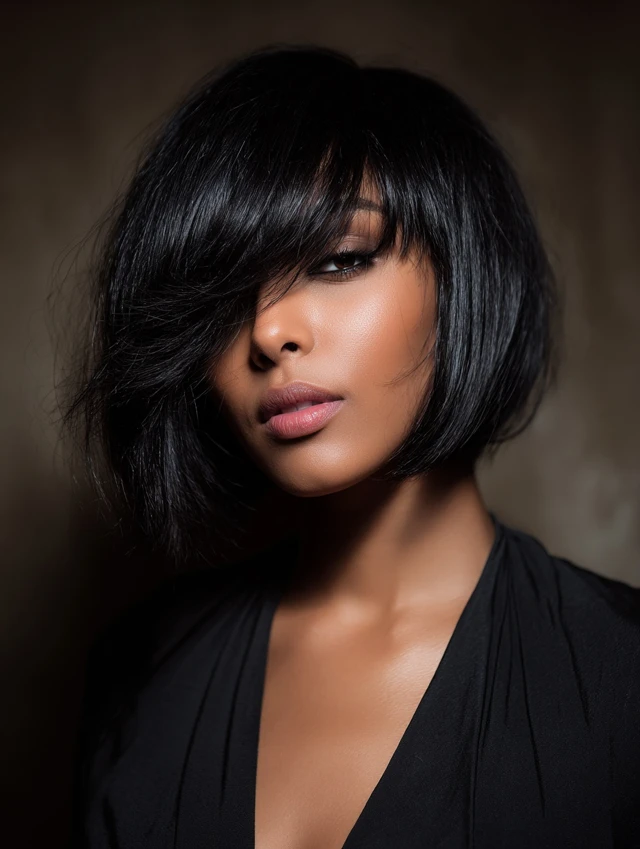 Short black bob with a side-swept fringe low maintenance haircut