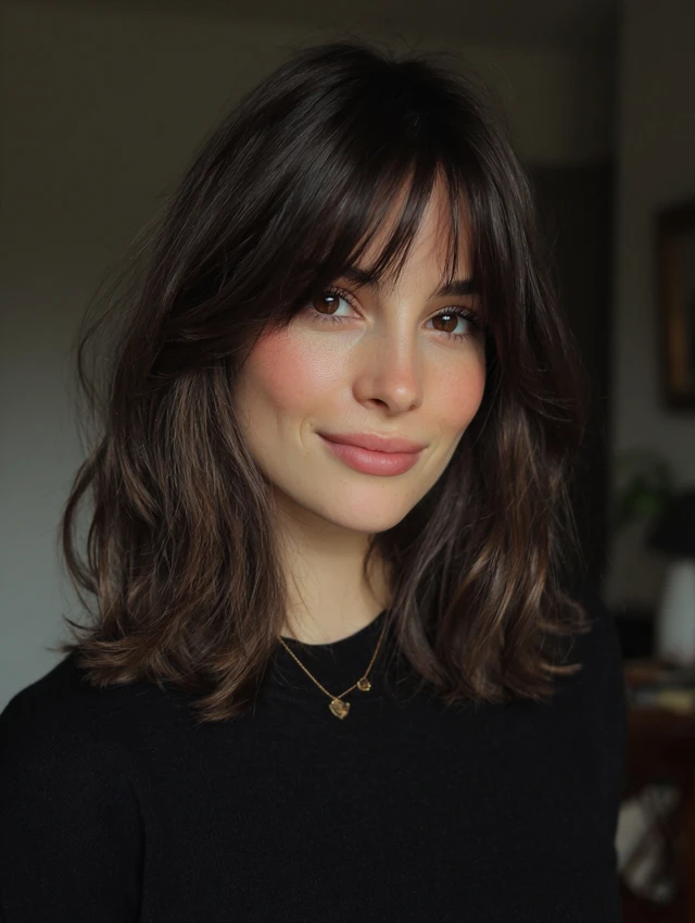 Dark brown collarbone lob with a soft curtain fringe low maintenance haircut