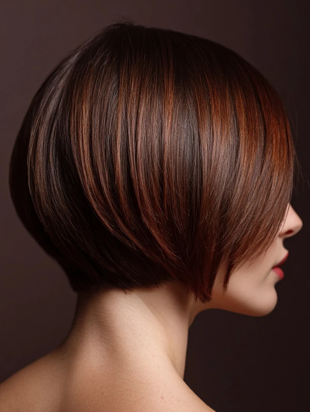Dark auburn stacked bob haircut with copper red shine