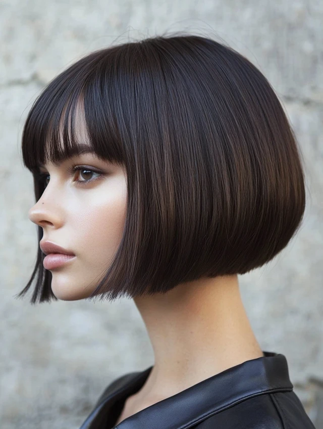 Woman with a french bob haircut and full bangs