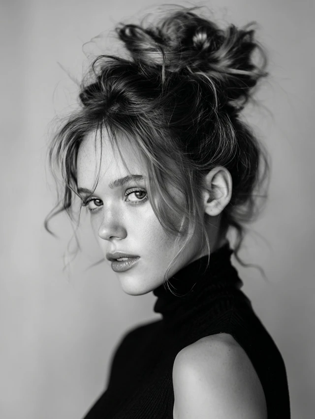 Damp-look high bun with loose face-framing tendrils