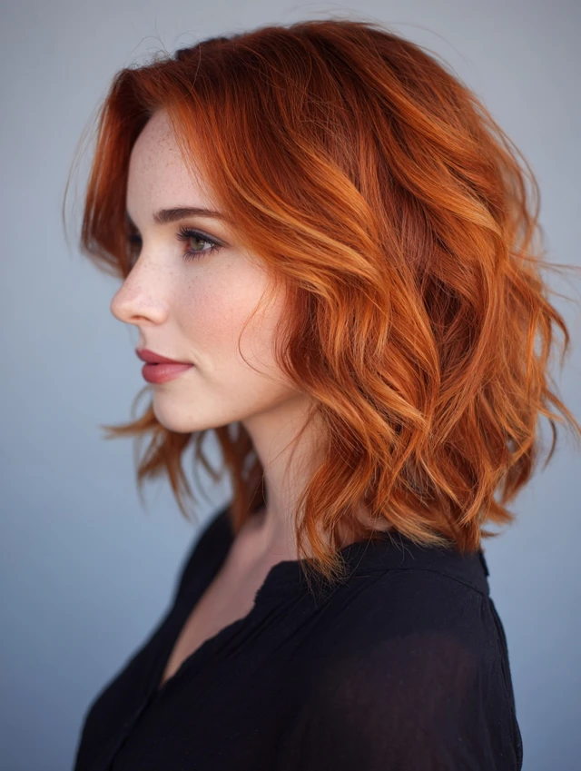 Copper brown wavy bob with side part