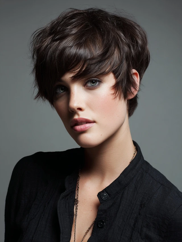 Woman with a bixie haircut blending bob and pixie lengths