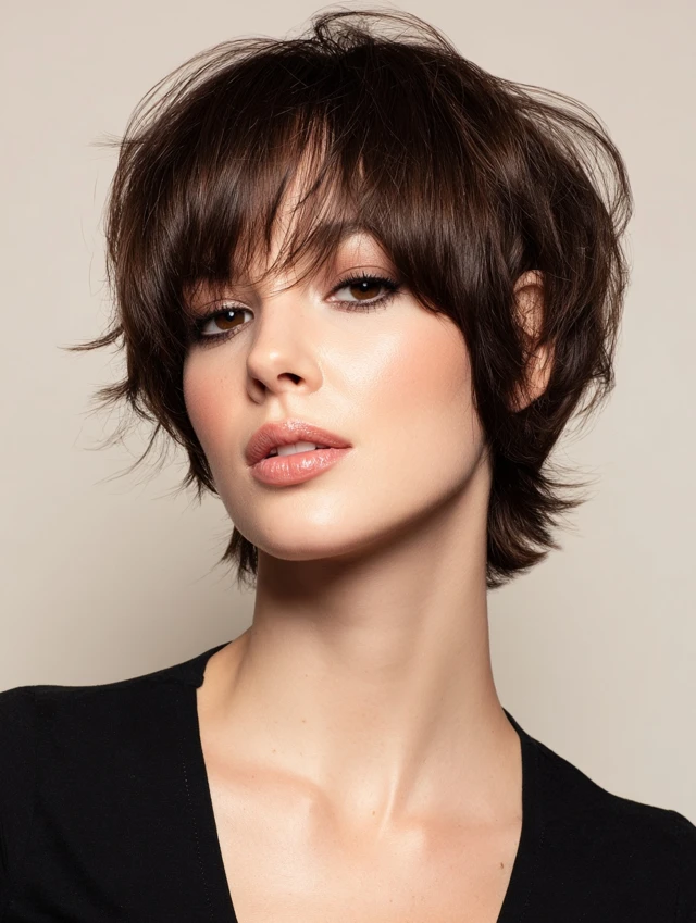 Woman with a bixie cut and baby bangs