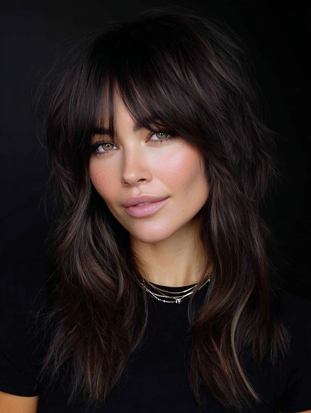 Woman with a shaggy lob haircut and curtain bangs