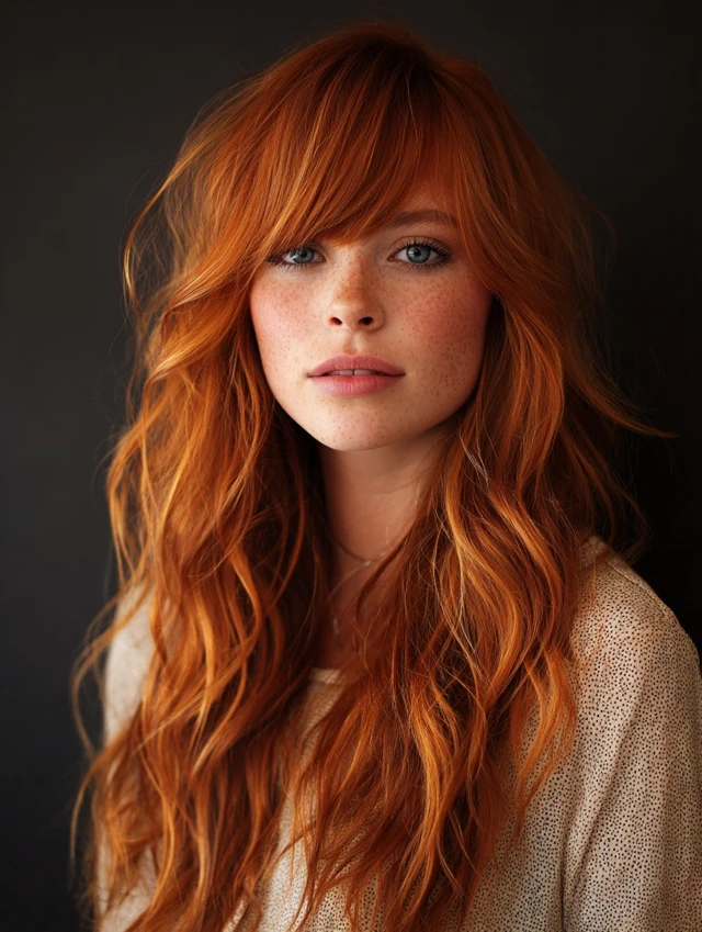 Woman with copper red baby bangs