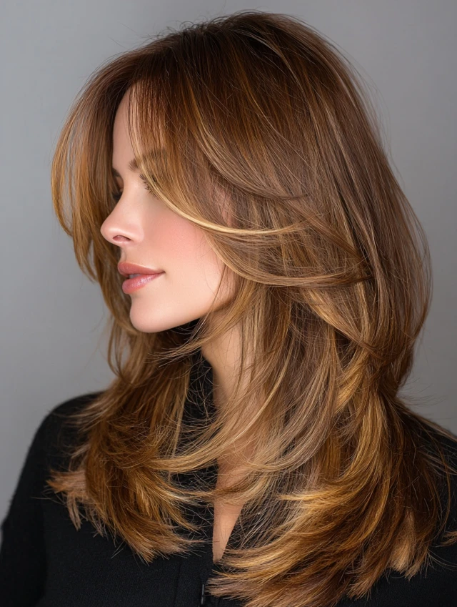 Medium copper brown hair with face framing layers