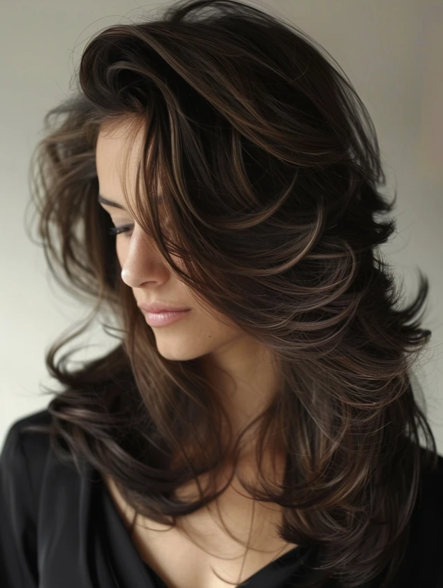 Collarbone layers in dark brown with soft movement low maintenance haircut